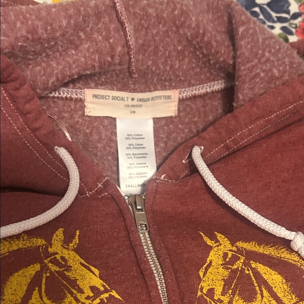Urban Outfitters Rust Red Zip Hoodie with Yellow Graphic